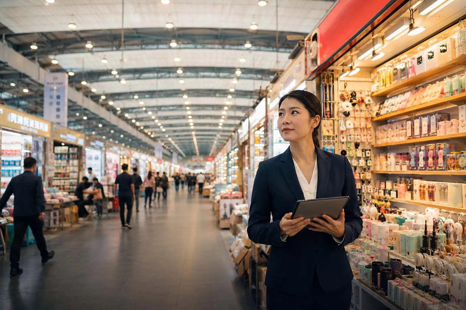 Yiwu International Trade City market floor — a sourcing agent reviewing products at a wholesale booth, Yiwu, China 2026