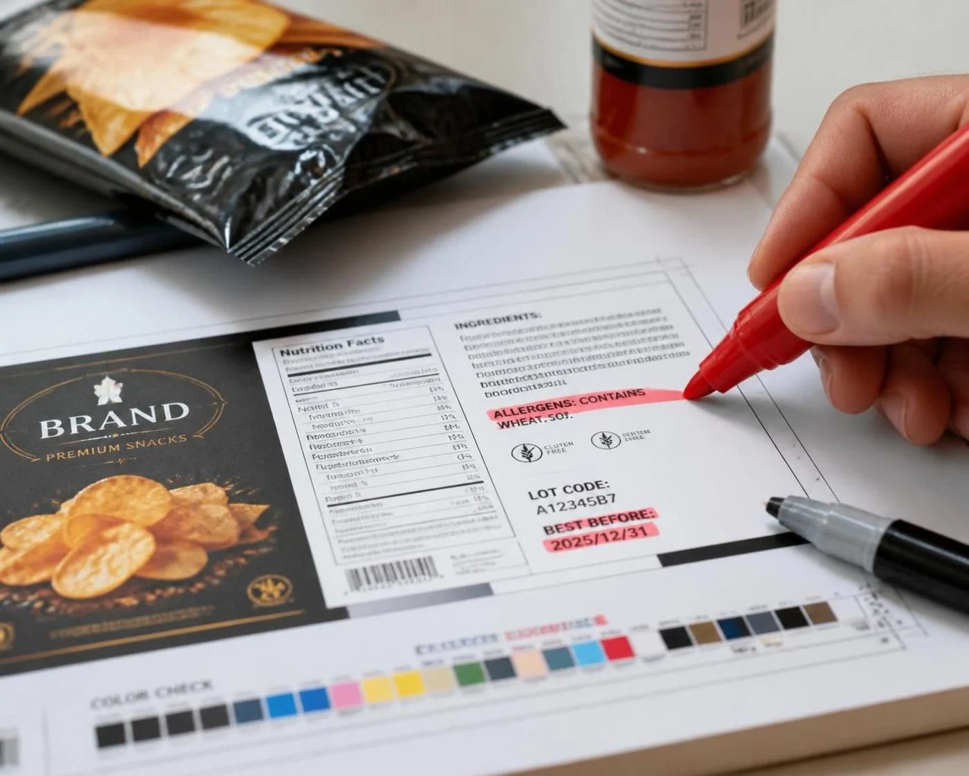 Imported-food label proof showing ingredient list, allergen statement, lot code and best-before field