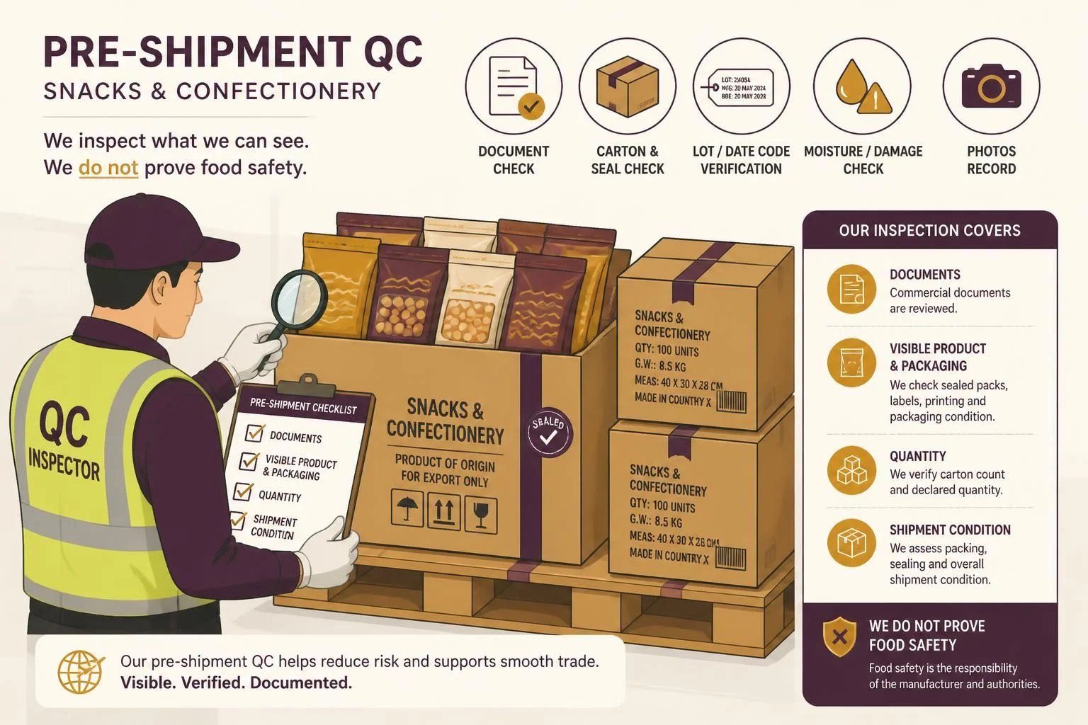 Pre-shipment QC checks documents, visible product and packaging, quantity and shipment condition
