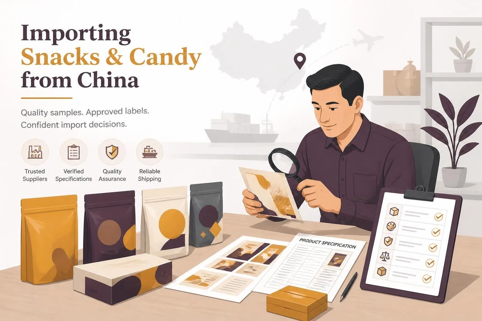 Buyer reviewing sealed snack and candy samples from China with approved label artwork