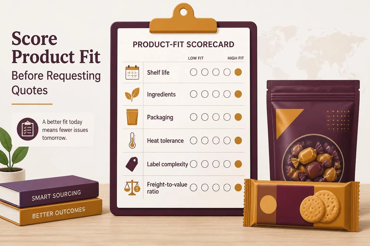 Product-fit scorecard for snacks and candy: shelf life, ingredients, packaging, heat tolerance, label complexity and freight-to-value ratio