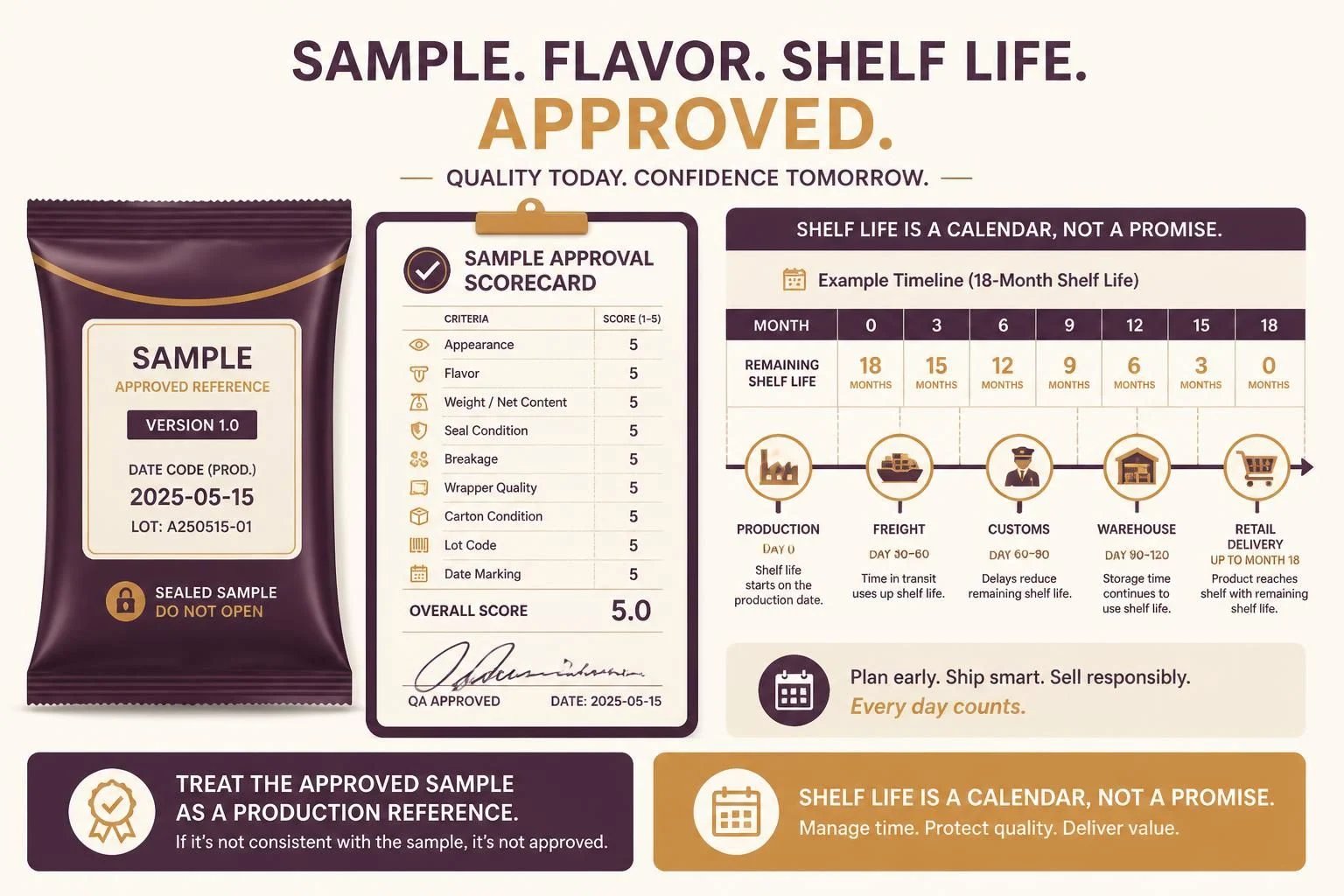 Sealed, version-controlled sample, signed scorecard and shelf-life calendar from production to retail delivery