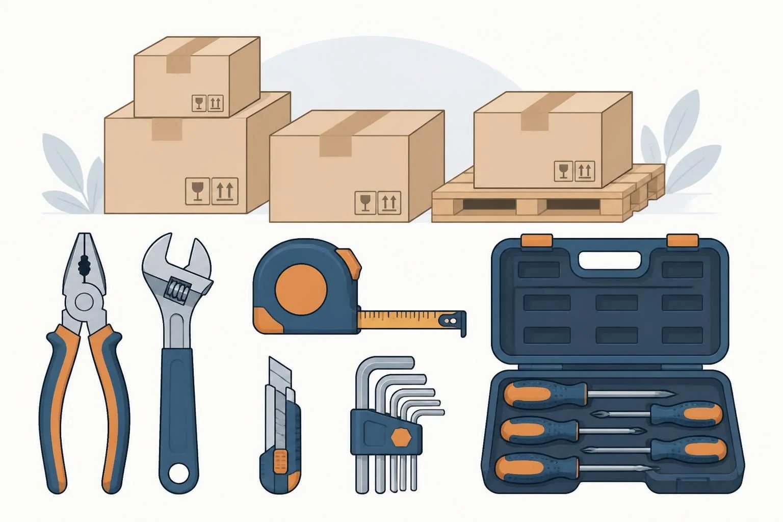 Flat illustration of a hand-tool assortment: pliers, wrench, tape measure, screwdrivers, hex keys, tool case and export cartons