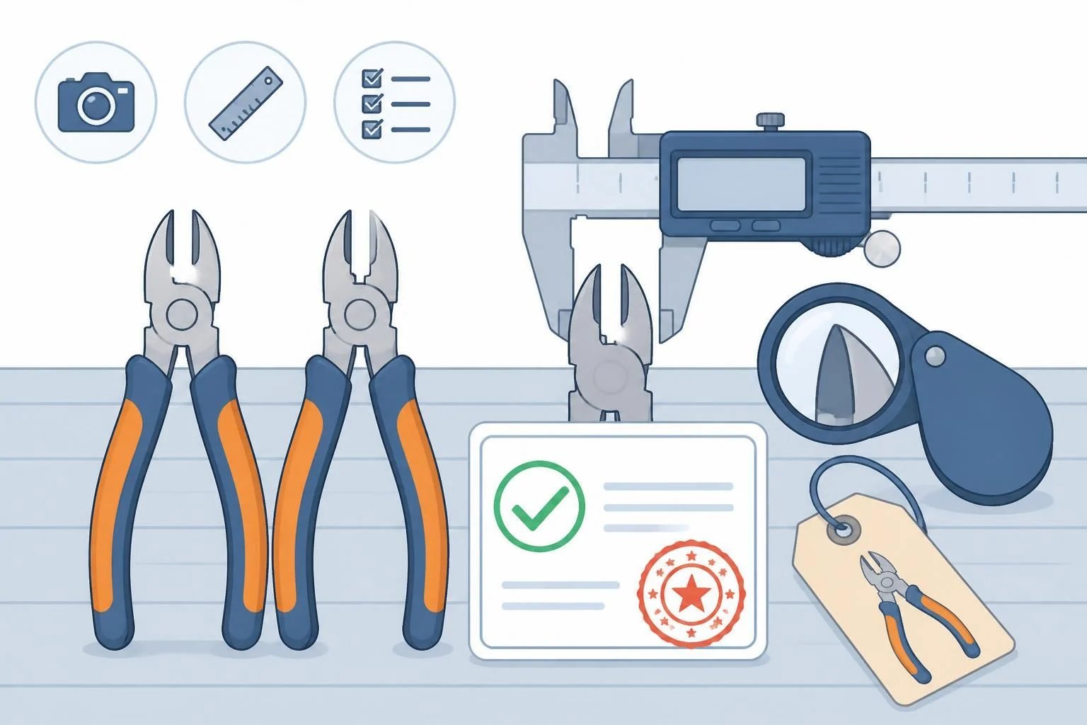 Flat illustration of golden-sample approval: two pliers, a caliper, a loupe, and a stamped approval card with a green checkmark