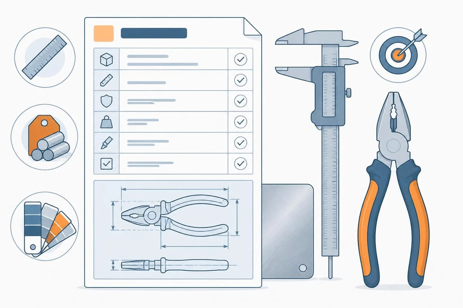 Flat illustration of a hand-tool product brief: a spec sheet, technical drawing of a plier, calipers and a steel sample swatch