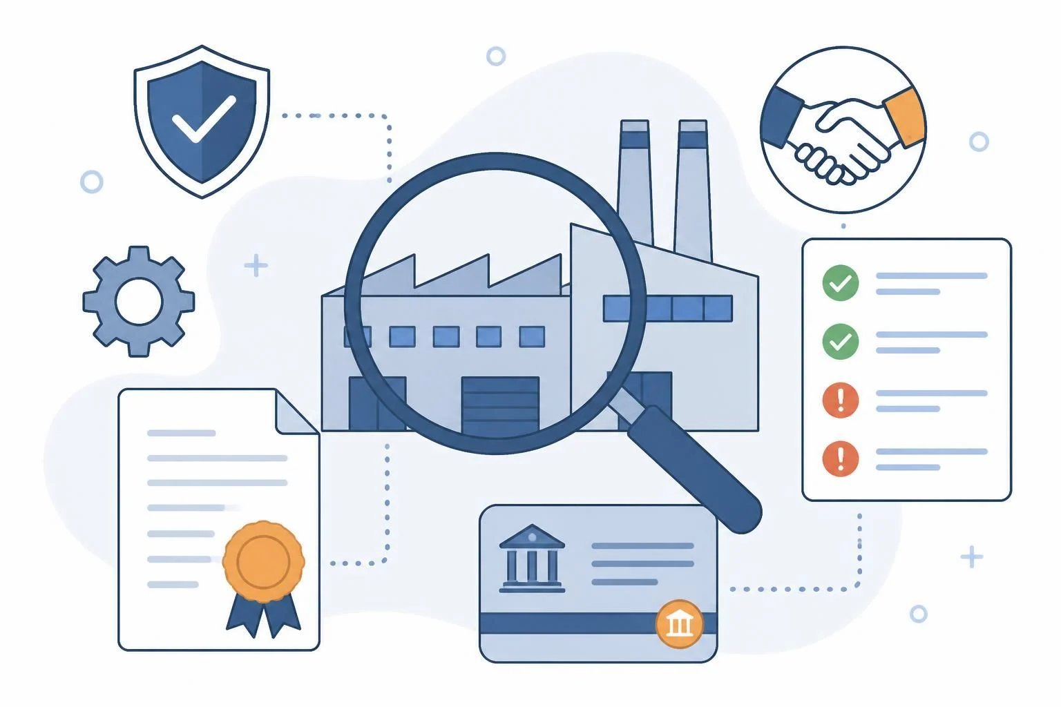 Flat illustration of supplier verification: a factory under a magnifying glass, a business licence, checklist cards and a bank-account card