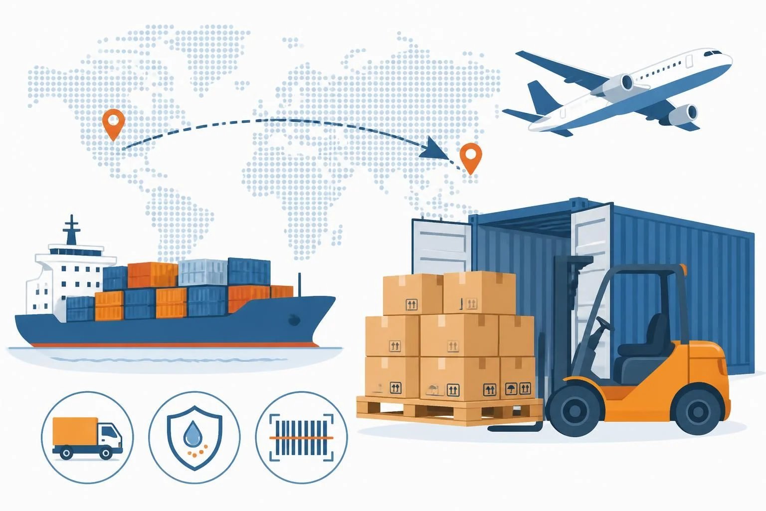 Flat illustration of shipment consolidation: a container ship and cargo plane, export cartons on a pallet, a container and a forklift on a world map route