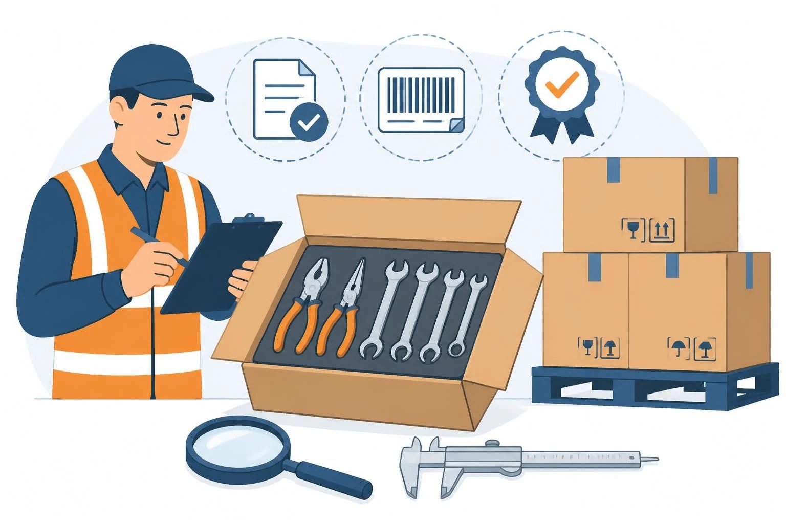 Flat illustration of quality inspection: an inspector with a clipboard checking a carton of pliers and wrenches, with calipers and cartons