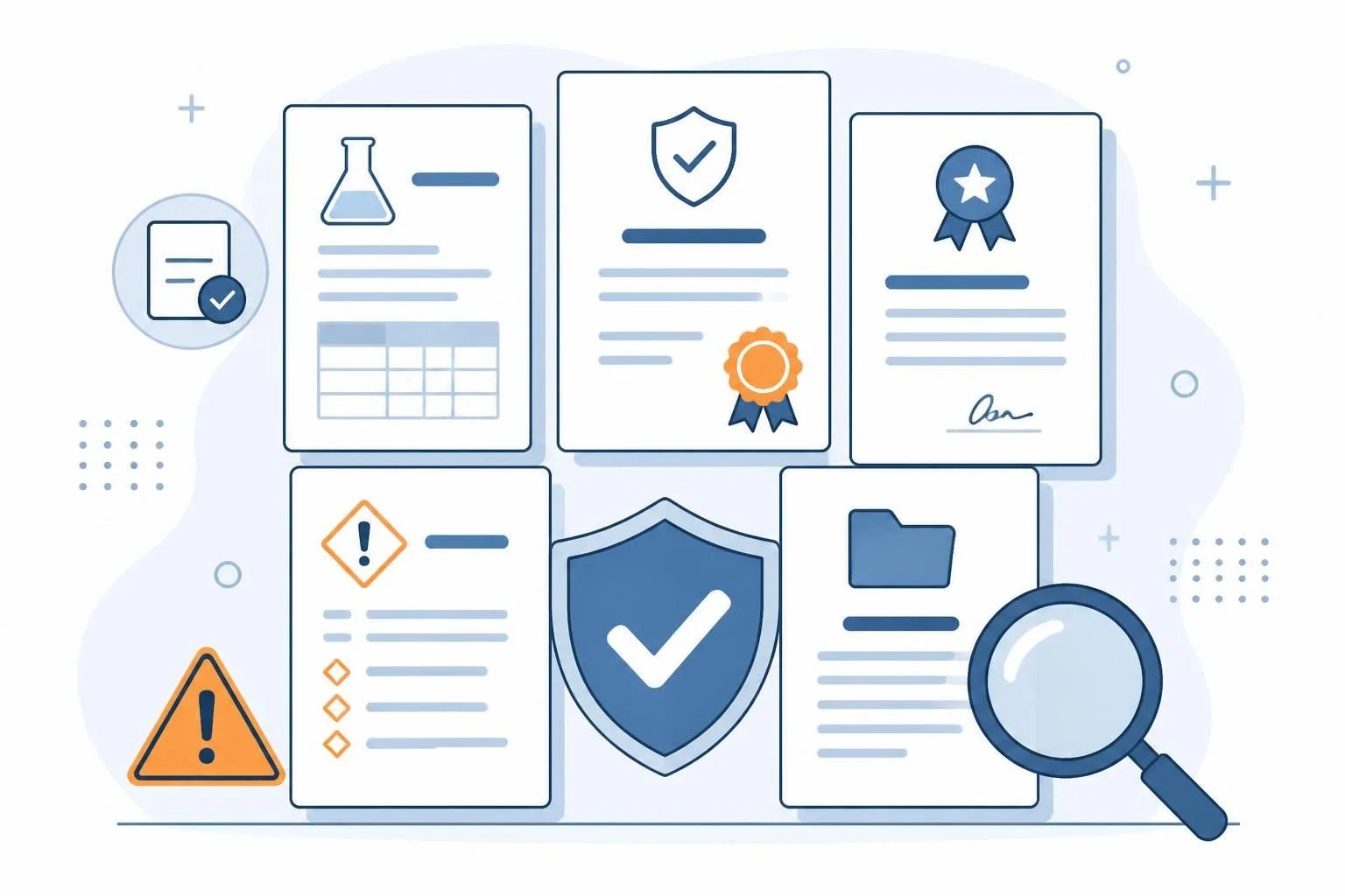 Flat illustration of compliance documents: test report, declaration of conformity, certificate, SDS and a technical file, with a shield checkmark