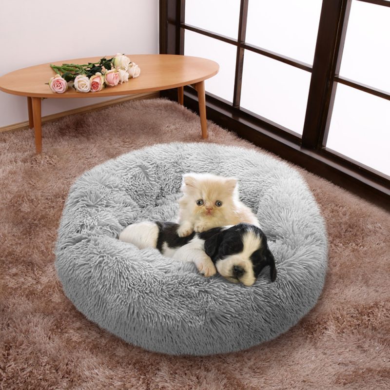 Fluffy Calming Dog Bed Long Plush Donut Pet Bed Hondenmand Round Orthopedic Lounger Sleeping Bag Kennel Cat Puppy Sofa Bed House
