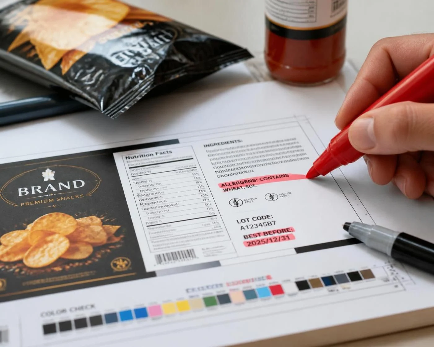 Imported-food label proof showing ingredient list, allergen statement, lot code and best-before field