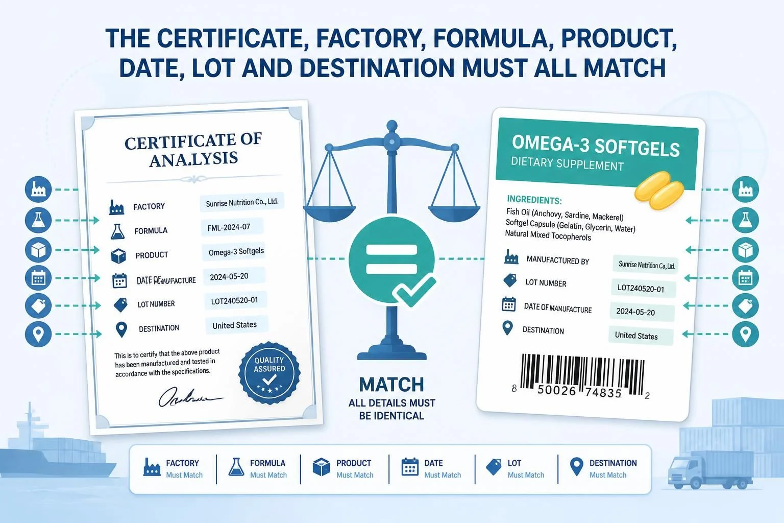The certificate, factory, formula, product, date, lot and destination must all match