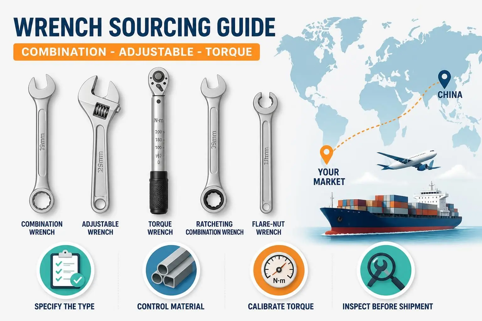 Wrench sourcing guide cover: combination, adjustable and torque wrenches